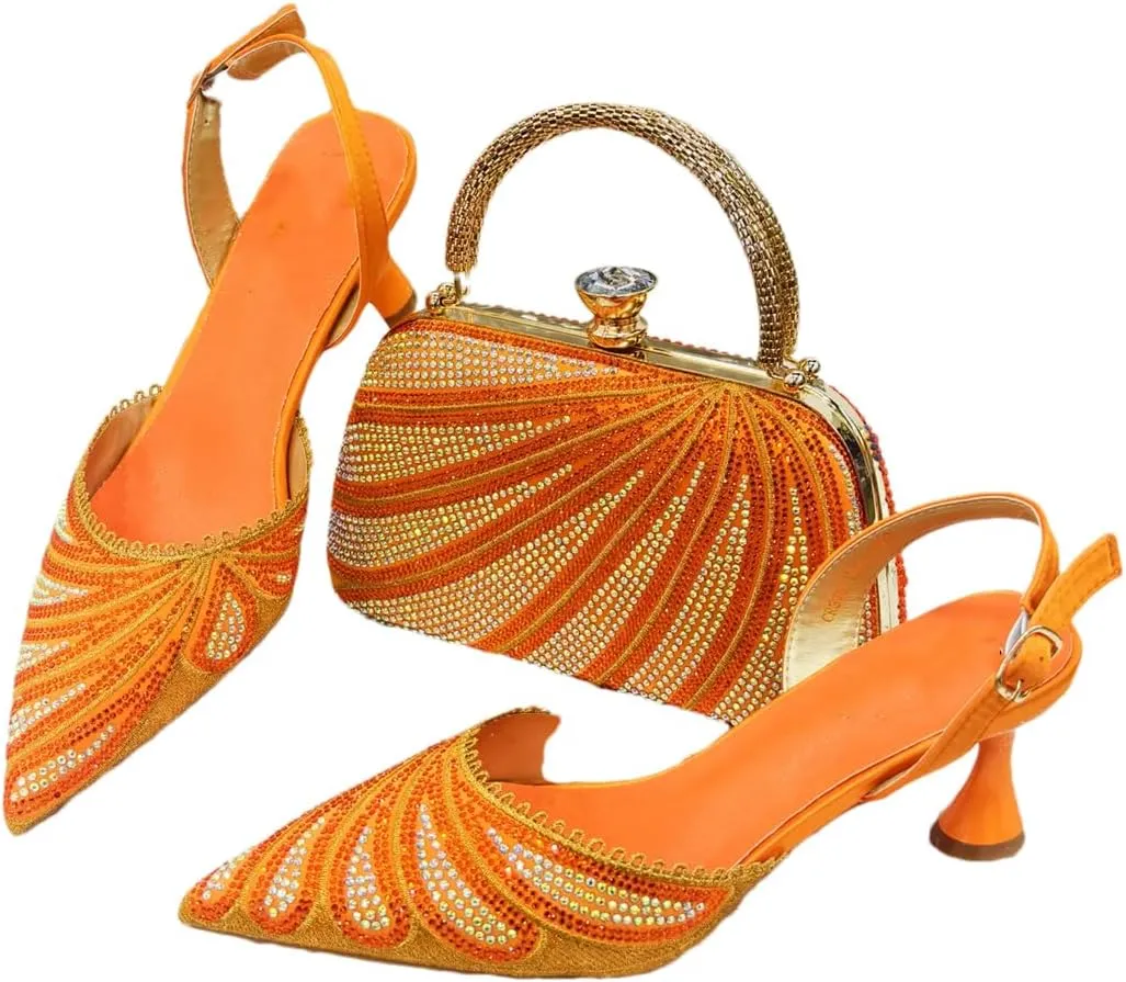 Women’S Gorgeous Diamond-Studded Pumps and Matching Bag Set for Party Streamline Slingbacks