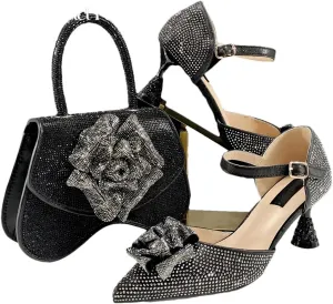 Women’S Handmade Flower Heels and Bag Set for Elegant Wedding Party with Comfortable Streamline Design