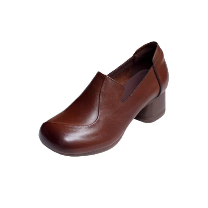 Women's Handmade Leather Vintage Block Heel Mid Heel Pump