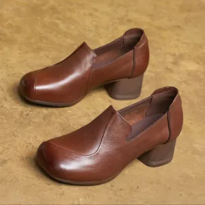 Women's Handmade Leather Vintage Block Heel Mid Heel Pump