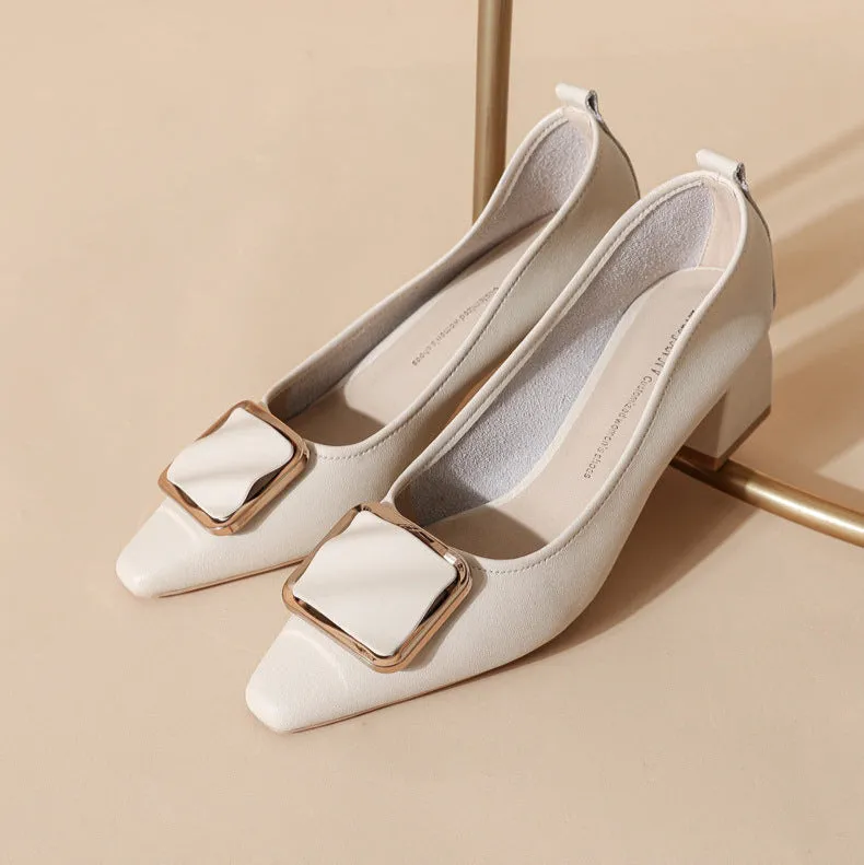 Women's Leather Pointed Toe Mid Heel Stylish Pump