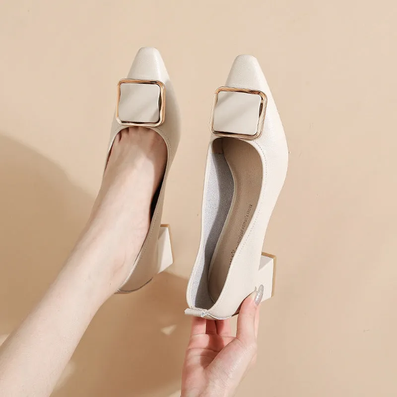 Women's Leather Pointed Toe Mid Heel Stylish Pump