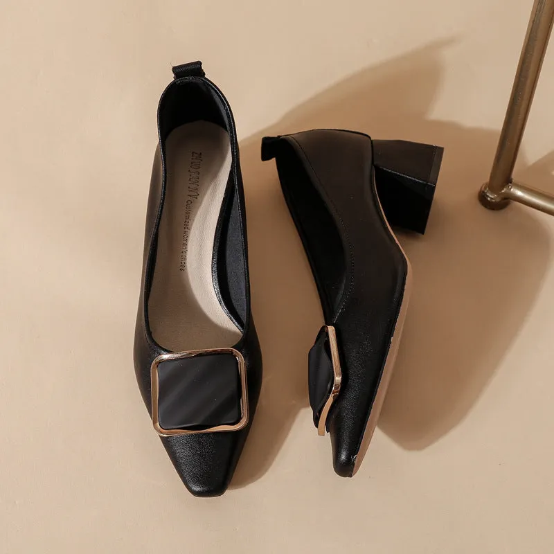 Women's Leather Pointed Toe Mid Heel Stylish Pump