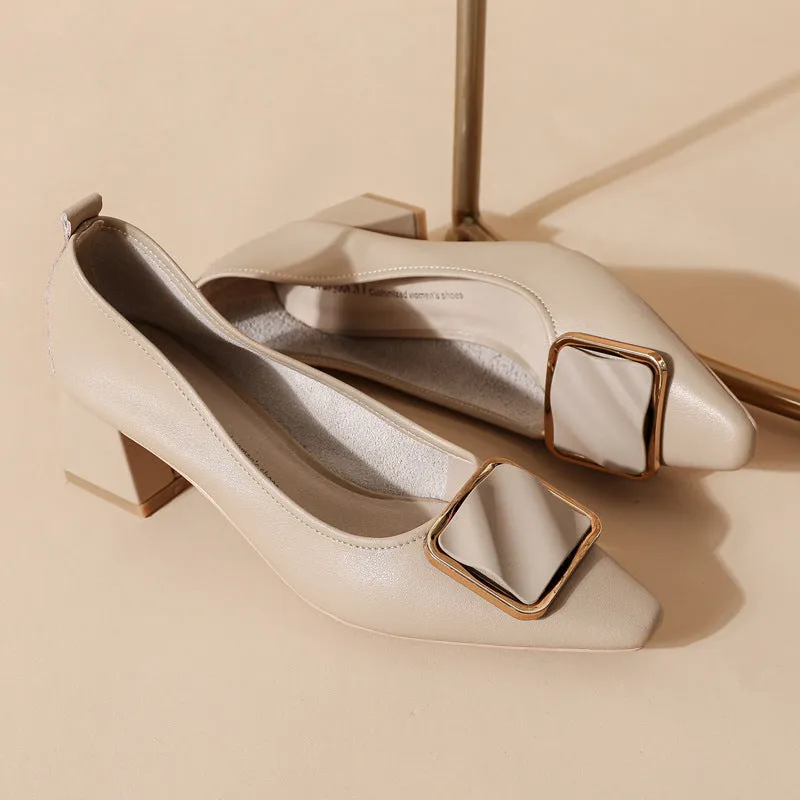 Women's Leather Pointed Toe Mid Heel Stylish Pump