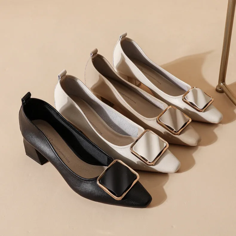 Women's Leather Pointed Toe Mid Heel Stylish Pump