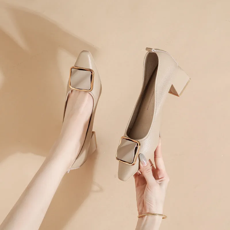 Women's Leather Pointed Toe Mid Heel Stylish Pump