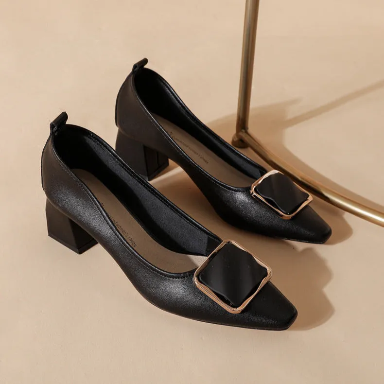 Women's Leather Pointed Toe Mid Heel Stylish Pump