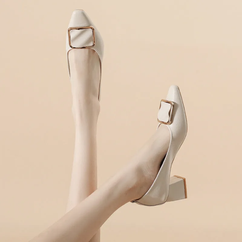 Women's Leather Pointed Toe Mid Heel Stylish Pump