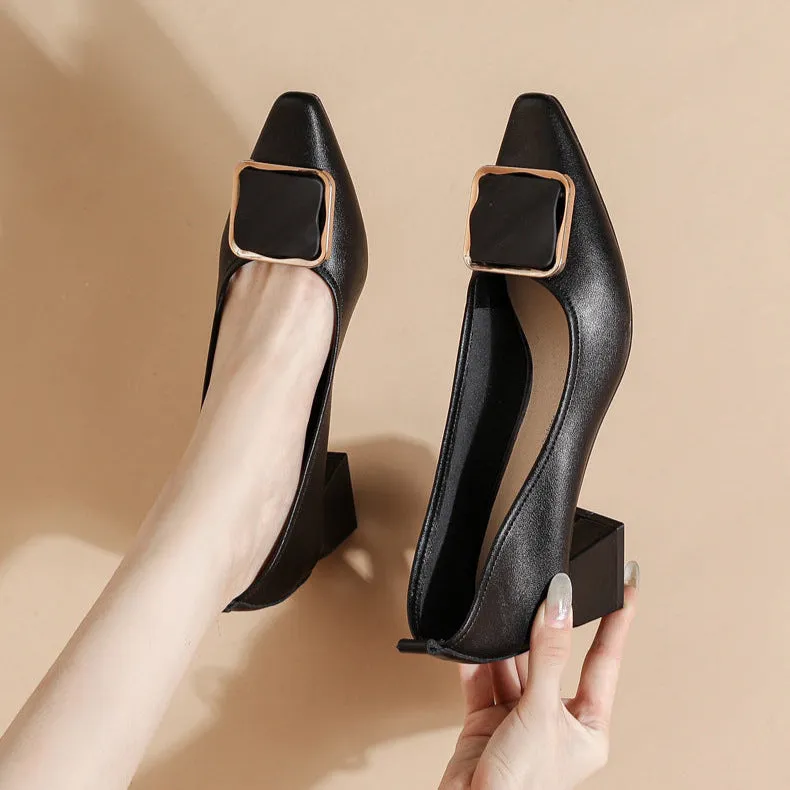 Women's Leather Pointed Toe Mid Heel Stylish Pump