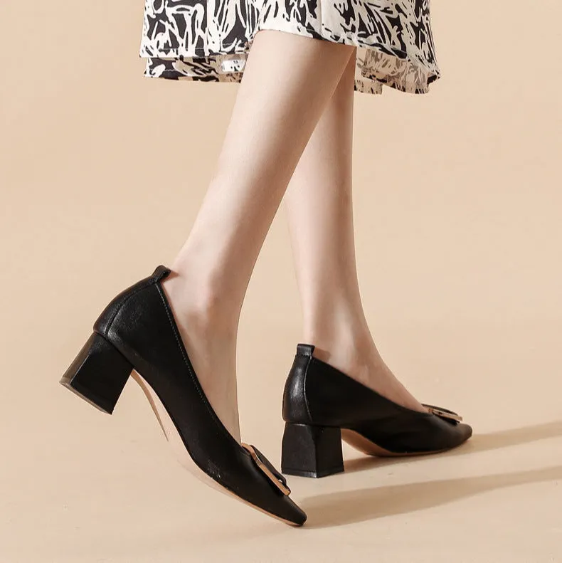 Women's Leather Pointed Toe Mid Heel Stylish Pump