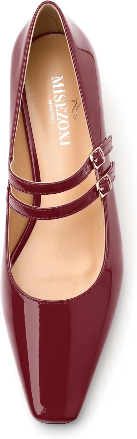 Womens Mary Jane Pumps, Square Toe Low Block Heel Pump Shoes for Women, Daily Comfort Mary Jane Pumps with Two Straps 1.3"