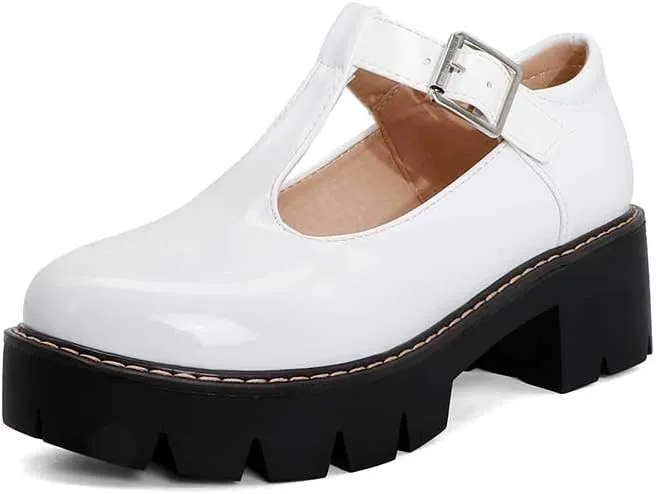 Womens Mary Jane Shoes Round Toe T-Strap Patent Leather Chunky Platform Student Uniform Lotita Pump