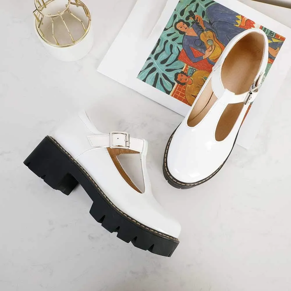 Womens Mary Jane Shoes Round Toe T-Strap Patent Leather Chunky Platform Student Uniform Lotita Pump