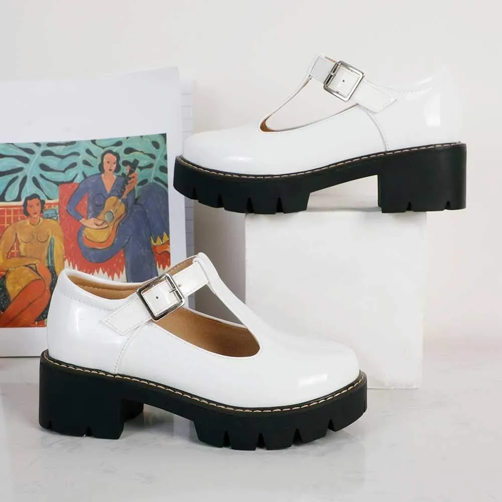 Womens Mary Jane Shoes Round Toe T-Strap Patent Leather Chunky Platform Student Uniform Lotita Pump