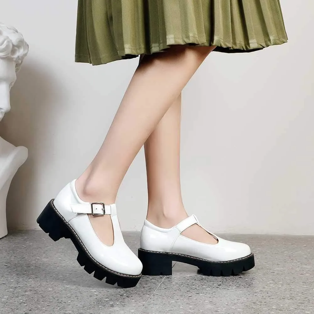 Womens Mary Jane Shoes Round Toe T-Strap Patent Leather Chunky Platform Student Uniform Lotita Pump