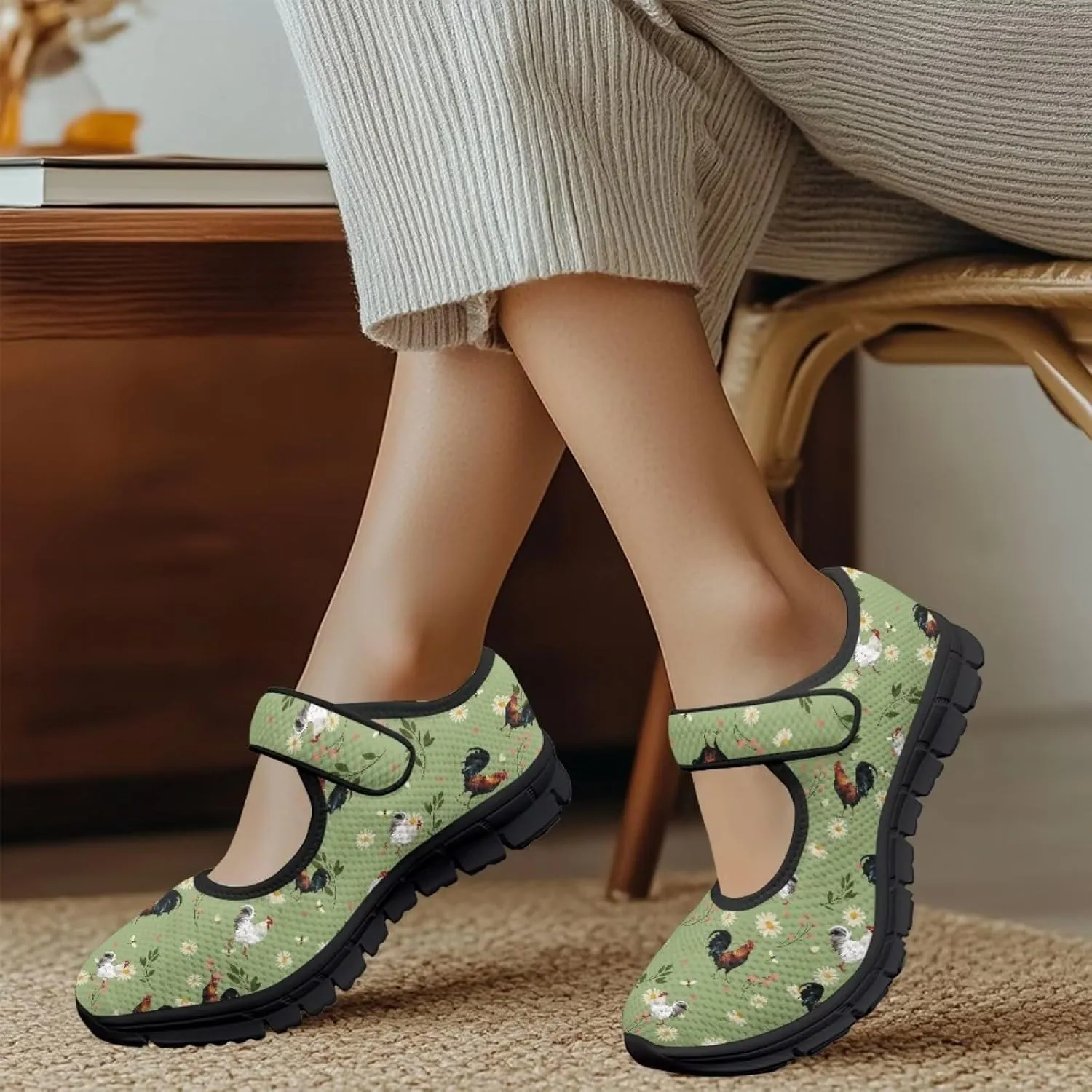 Womens Mary Jane Shoes Sneaker Animals Pattern Non Slip Lightweight Shoes with Magic Sticker for Walking