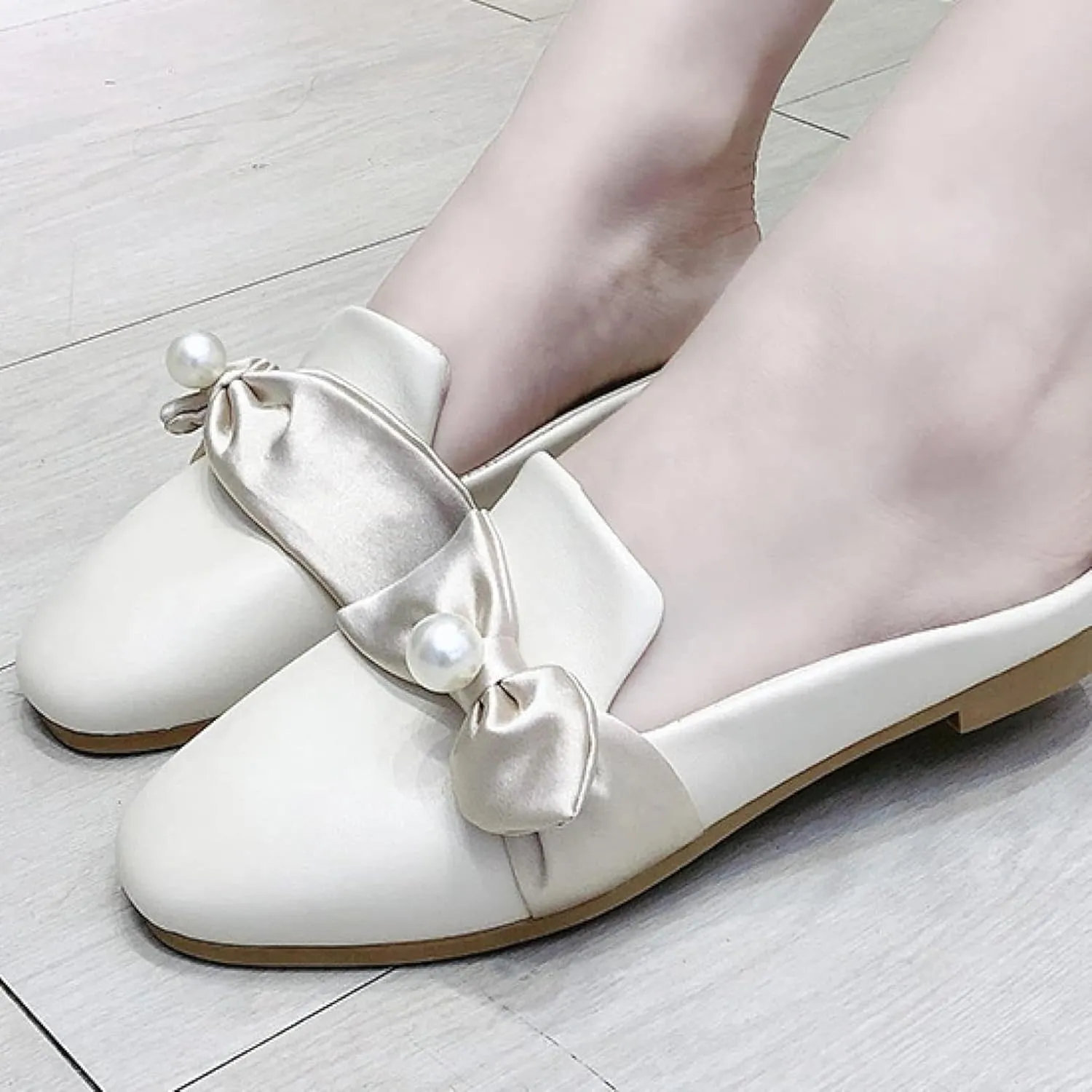 Women's Mule Pearl Decoration Square Toe Low Heel Women's Backless Loafer Work Sandals
