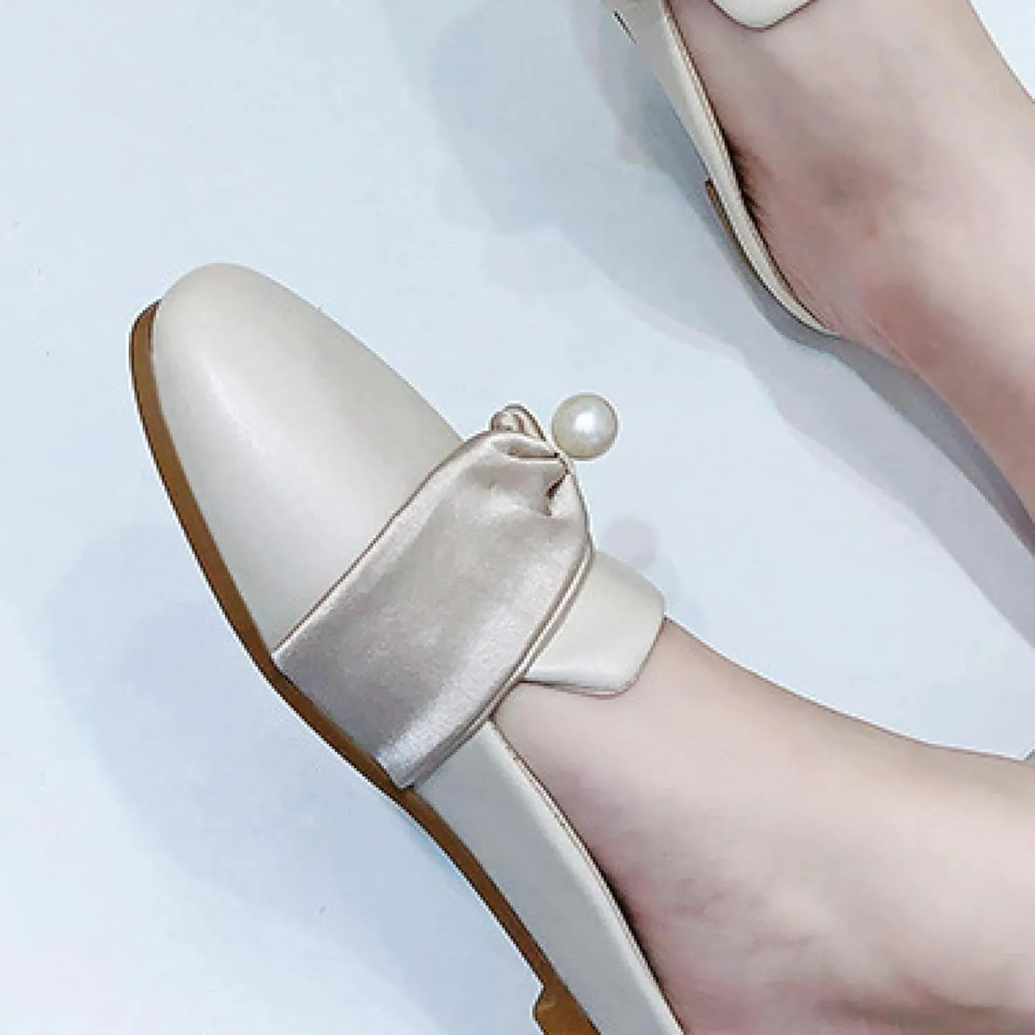 Women's Mule Pearl Decoration Square Toe Low Heel Women's Backless Loafer Work Sandals