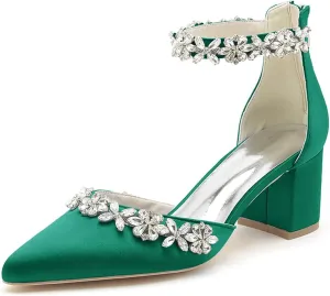 Women's Pointed Toe Block Heels Crystal Chunky Wedding Pumps Dress Shoes Low Heel Comfortable Pump Sandals