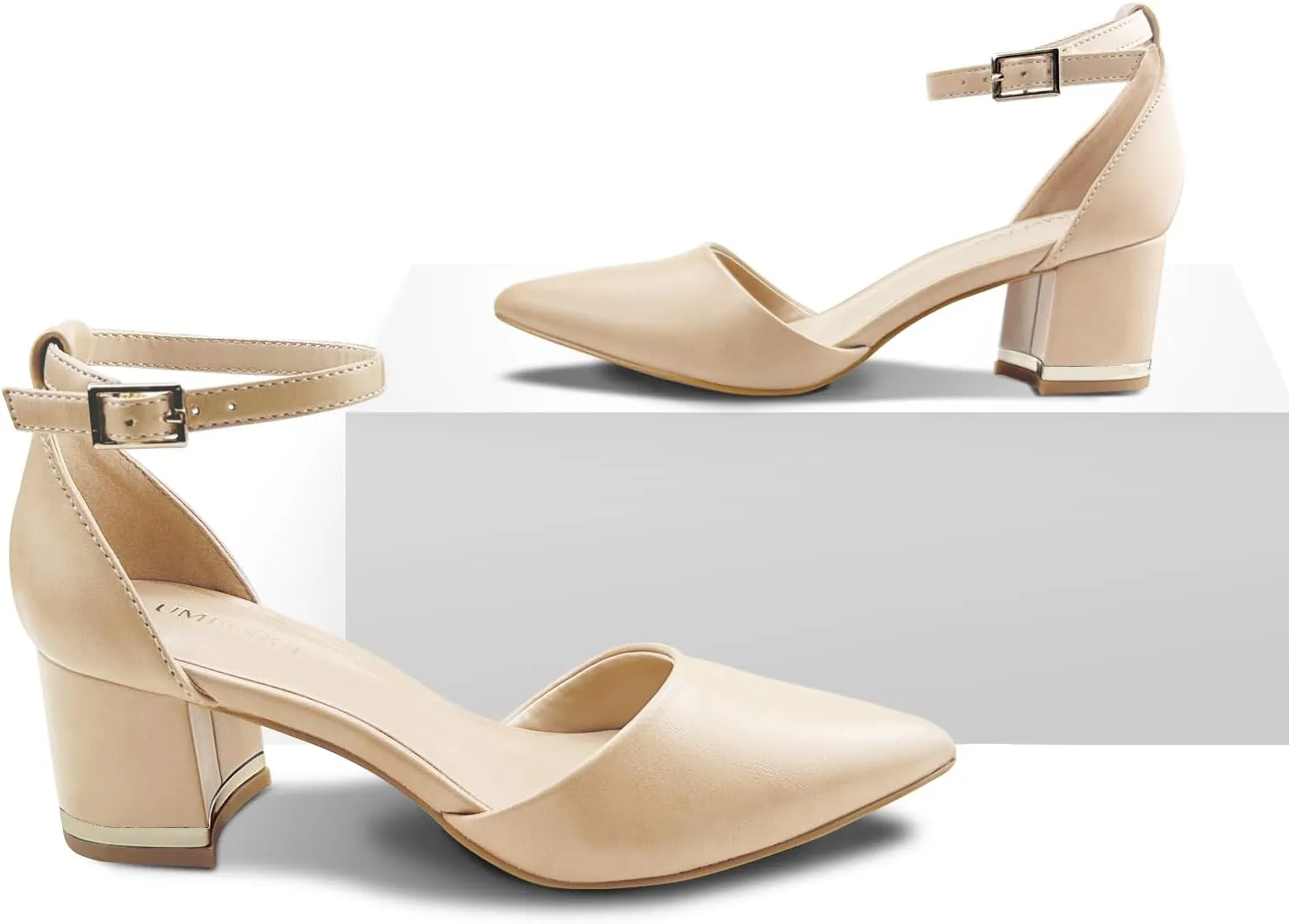Women's Pointed Toe Low Chunky Heels Pump Shoes, Comfortable Heels for Women, Chunky Ankle Strap Dress Pumps Shoes for Wedding Office Party
