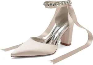 Women's Pointed Toe Pearl Wedding Shoes Thick heel Rhinestones Ribbon Bow tie High Heels Bridal Evening Party Dress Shoes