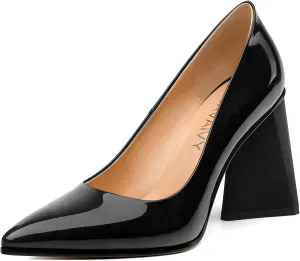 Women's Pumps, Pointed Toe Chunky Block Heel, Slip On Fashion Solid High Heel Shoes for Women