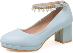 Women's Round Toe Pearls Ankle Strap Dress Pumps Shoes Comfortable Mid Heels Girls Mary Jane Shoe
