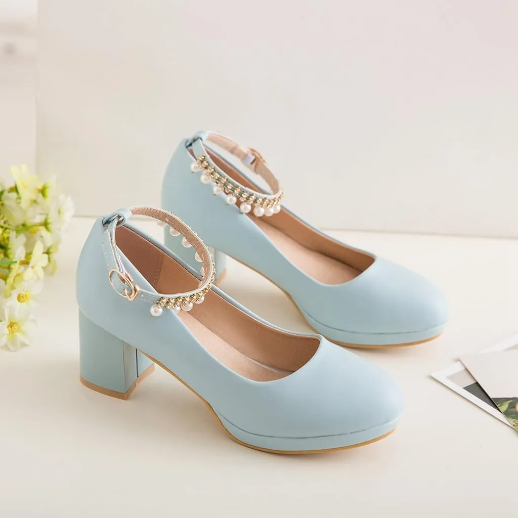 Women's Round Toe Pearls Ankle Strap Dress Pumps Shoes Comfortable Mid Heels Girls Mary Jane Shoe