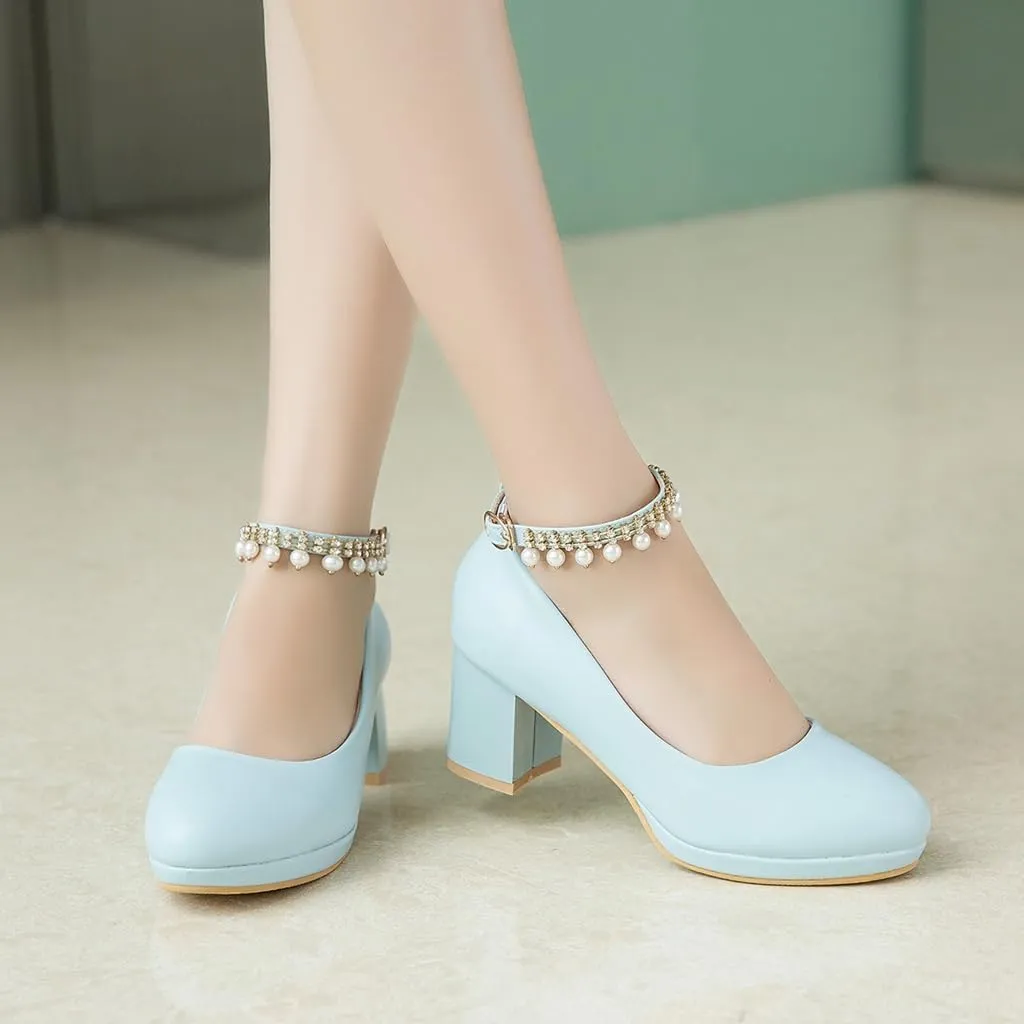 Women's Round Toe Pearls Ankle Strap Dress Pumps Shoes Comfortable Mid Heels Girls Mary Jane Shoe