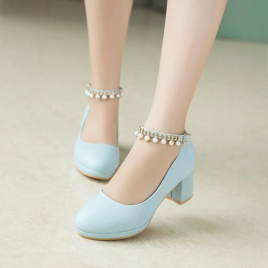 Women's Round Toe Pearls Ankle Strap Dress Pumps Shoes Comfortable Mid Heels Girls Mary Jane Shoe