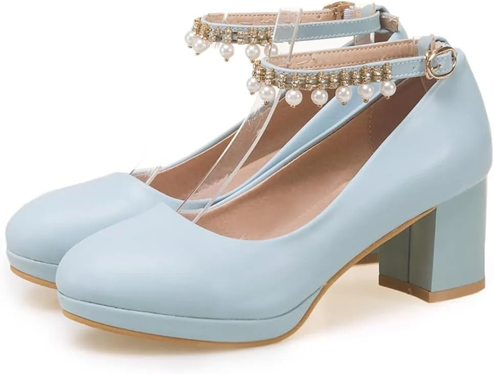 Women's Round Toe Pearls Ankle Strap Dress Pumps Shoes Comfortable Mid Heels Girls Mary Jane Shoe