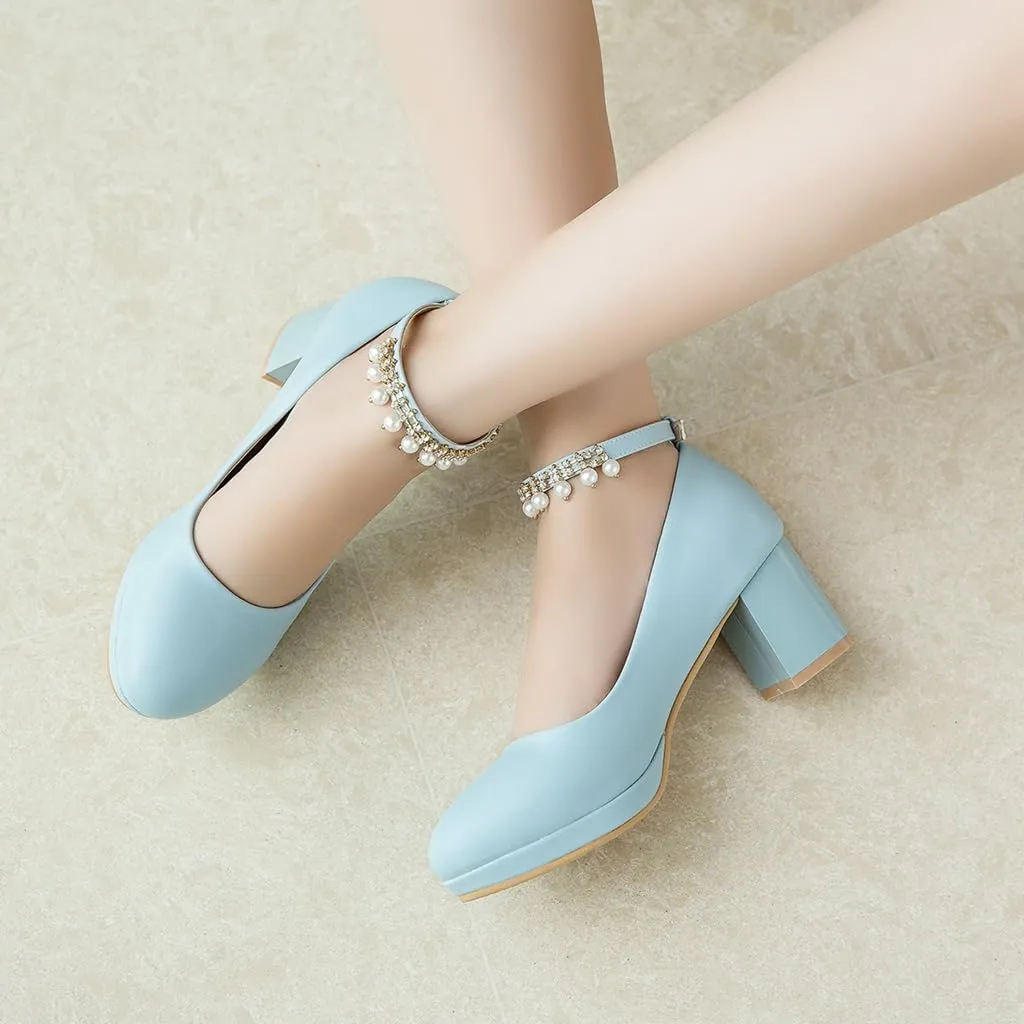 Women's Round Toe Pearls Ankle Strap Dress Pumps Shoes Comfortable Mid Heels Girls Mary Jane Shoe