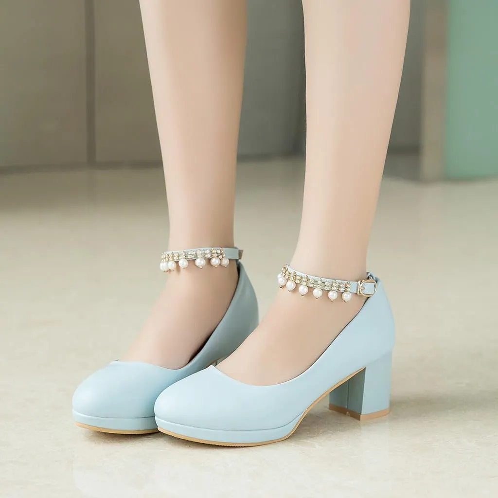 Women's Round Toe Pearls Ankle Strap Dress Pumps Shoes Comfortable Mid Heels Girls Mary Jane Shoe