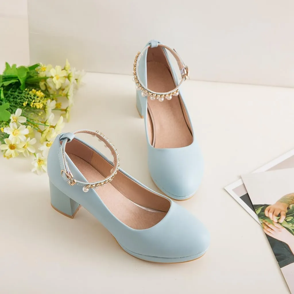 Women's Round Toe Pearls Ankle Strap Dress Pumps Shoes Comfortable Mid Heels Girls Mary Jane Shoe