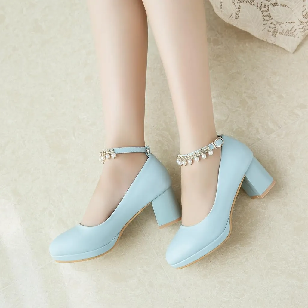 Women's Round Toe Pearls Ankle Strap Dress Pumps Shoes Comfortable Mid Heels Girls Mary Jane Shoe