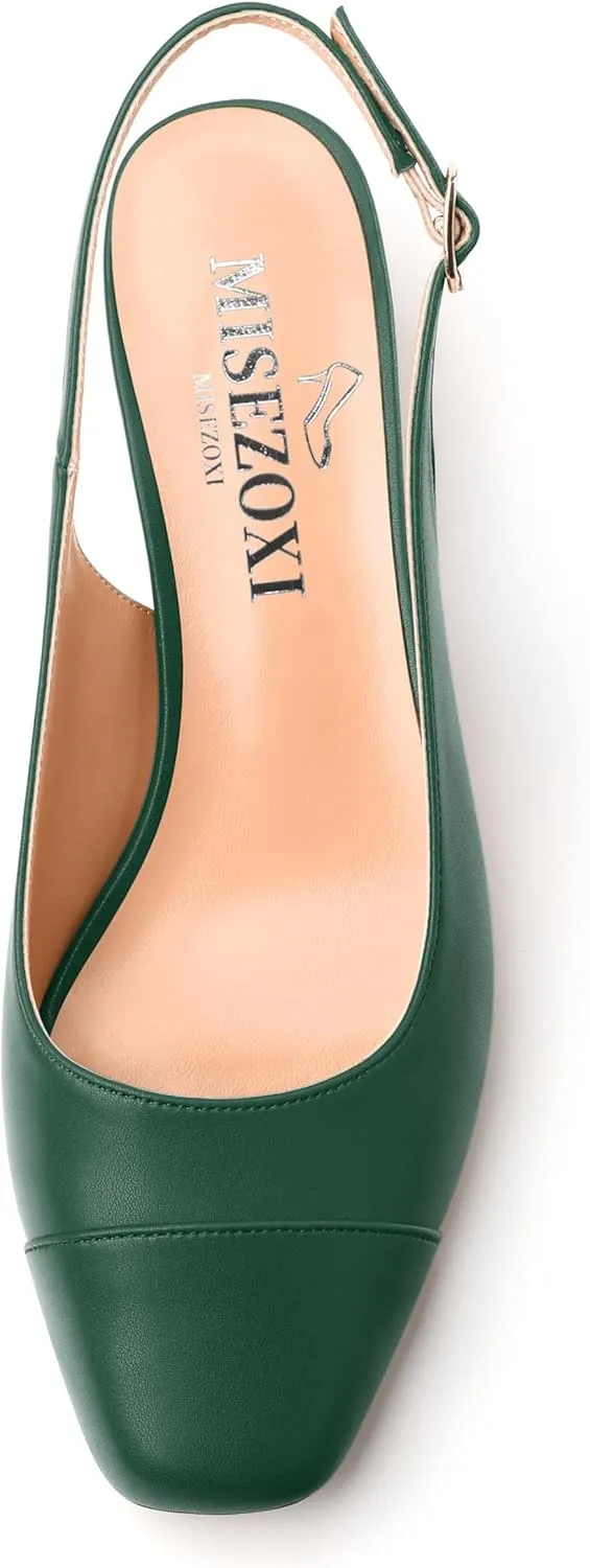 Womens Sqaure Toe Block Heel Slingback Pumps