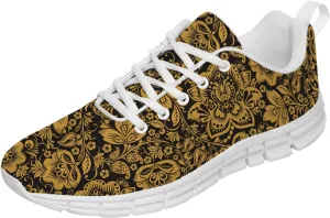 Womens Tennis Shoes Sneaker with Gold Luxury Flower Floral Print Mesh Lace Up Running Shoes Gifts for Mom,Men Size 12