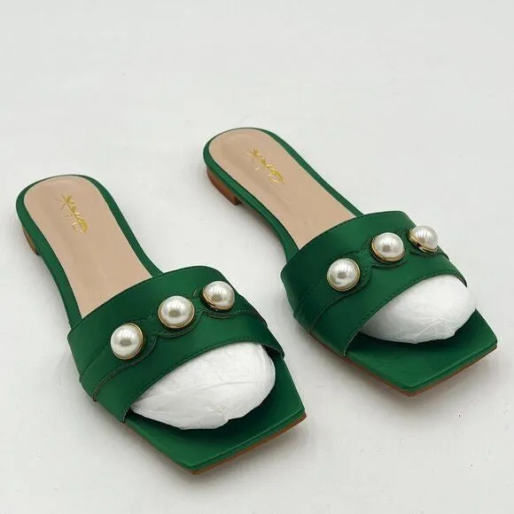 XYD Green Square Open Toe Flat Beach Sandals Slip On Mule Slides Glossy Shoes