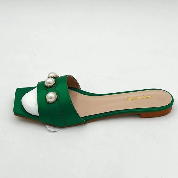 XYD Green Square Open Toe Flat Beach Sandals Slip On Mule Slides Glossy Shoes