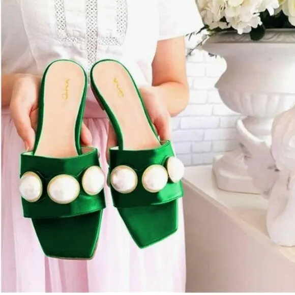 XYD Green Square Open Toe Flat Beach Sandals Slip On Mule Slides Glossy Shoes