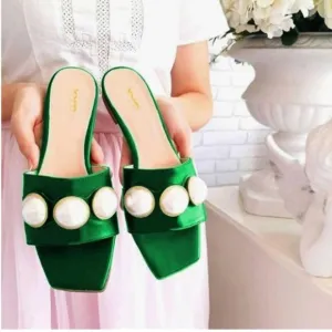 XYD Green Square Open Toe Flat Beach Sandals Slip On Mule Slides Glossy Shoes