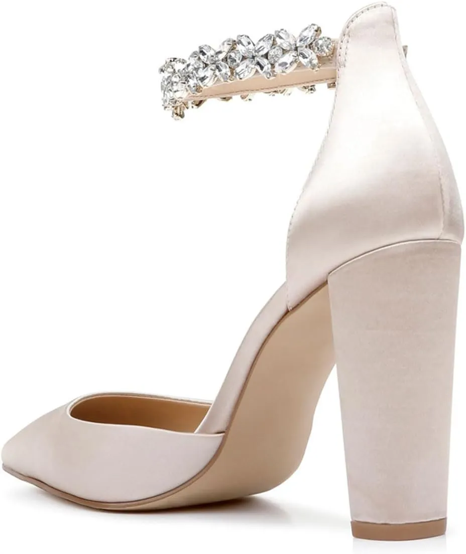 XYD Women Crystal Ankle Strap Pointed Closed Toe Block Heels D'Orsay Pumps Ladies Brides Evening Dress Wedding Shoes