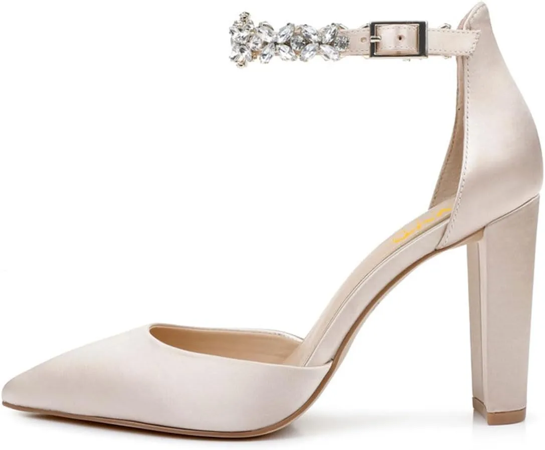 XYD Women Crystal Ankle Strap Pointed Closed Toe Block Heels D'Orsay Pumps Ladies Brides Evening Dress Wedding Shoes
