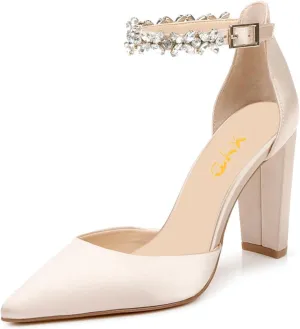 XYD Women Crystal Ankle Strap Pointed Closed Toe Block Heels D'Orsay Pumps Ladies Brides Evening Dress Wedding Shoes