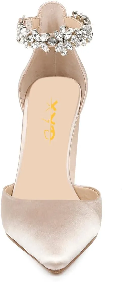 XYD Women Crystal Ankle Strap Pointed Closed Toe Block Heels D'Orsay Pumps Ladies Brides Evening Dress Wedding Shoes