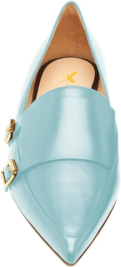 XYD Women Fashion Closed Pointed Toe Flats Slip on Double Buckles Upper Strap Loafers Dress Office Shoes