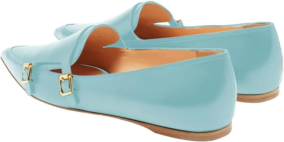 XYD Women Fashion Closed Pointed Toe Flats Slip on Double Buckles Upper Strap Loafers Dress Office Shoes