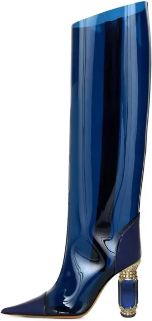 XYD Women Side Zip Knee High Boots Pointed Toe Cylindrical Crystal Block Heels Pumps Slouchy Dressy Party Shoes