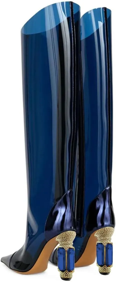 XYD Women Side Zip Knee High Boots Pointed Toe Cylindrical Crystal Block Heels Pumps Slouchy Dressy Party Shoes