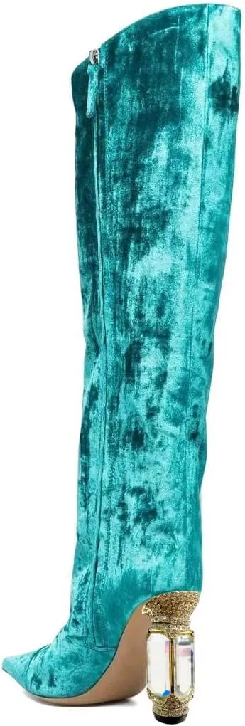 XYD Women Side Zip Knee High Boots Pointed Toe Cylindrical Crystal Block Heels Pumps Slouchy Dressy Party Shoes